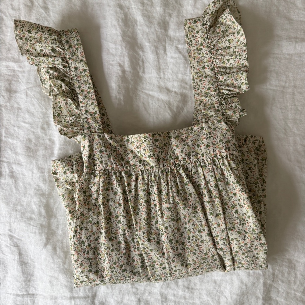 Doen Cream Floral Mini Dress Top with Green and Pink Accents